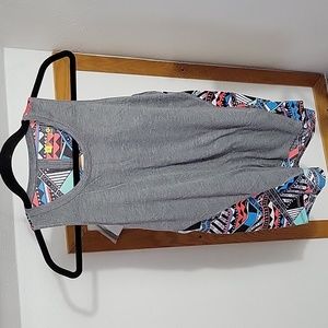 Gray racerback tank with multicolor geometric design